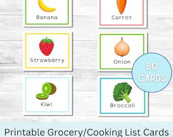 Puede incluir: Cartas de lista de comestibles o de cocina imprimibles con bordes coloridos e ilustraciones de plátano, zanahoria, fresa, cebolla, kiwi y brócoli. Las tarjetas miden 5,5 pulgadas por 4,25 pulgadas o 2,5 pulgadas por 2,25 pulgadas.