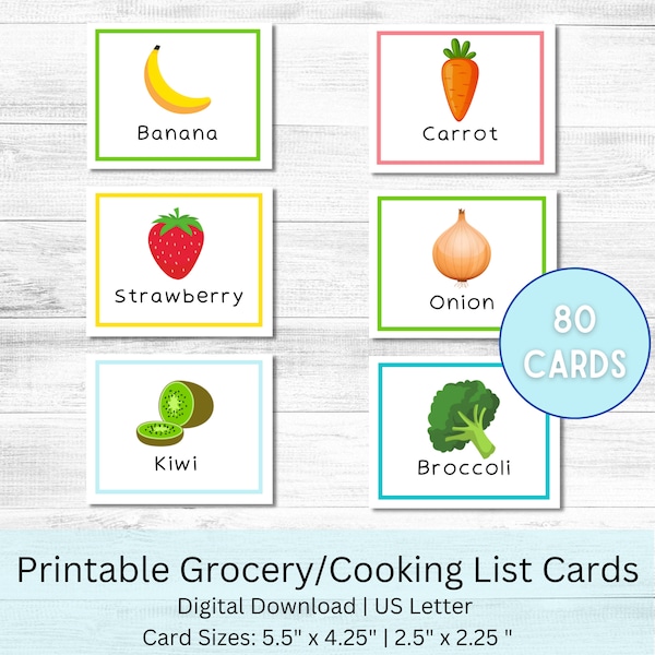 Children's Visual Grocery List Cards | Set of 80 Printable Kids Grocery Shopping List Cards | Digital Download | Entertainment Cards | PDF