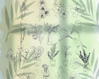 Botanical Line Art SVG Bundle, Spring Wildflower Clipart, Floral Tattoo Designs (Digital Download)