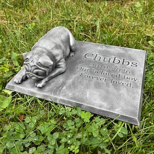 May include: A gray stone pet memorial marker featuring a sculpted pug figure lying down. The flat surface is engraved with the text: Chubbs, 2010-2026, Our beloved boy, Forever loved. The rectangular plaque has a weathered finish.