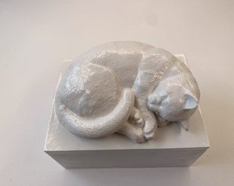 Custom Cat Urn with sleeping cat statue cover.