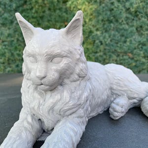 May include: A grey, realistic sculpture of a Maine Coon cat lying down with its head turned to the side. The sculpture is detailed with fur and facial features.