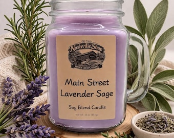 Main Street Lavender Sage Soy Blend Candle, 8oz or 16oz Herbal Scented Candle, Handmade Jar Candle, Calming Home Fragrance Gift, Farmhouse