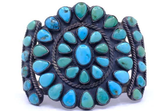Noteworthy Native American Navajo Green Turquoise Cluster Sterling Silver Huge Bracelet Noteworthy Native American Navajo Green Turquoise Cluster Sterling Silver Huge Bracelet