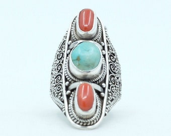 Chunky Ring Nepal Ring Silver Plated Tibetan Turquoise Ring Size 8.5 Tibet Tribe Ethnic Ring Boho Ring Red Coral Ring