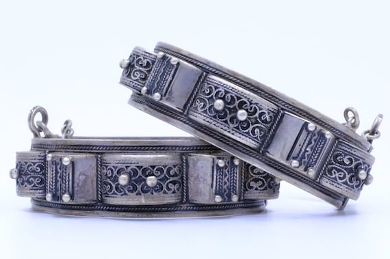 Silver Moroccan Hinged Bracelets (Pair) - image 1