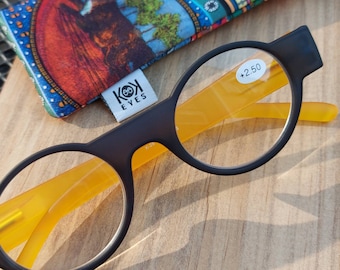 New round shaped reading glasses, matt dark blue front, matt yellow temples. Special design from France, +1.00 +1.50 +2.00 +2.50 +3.00 +3.50
