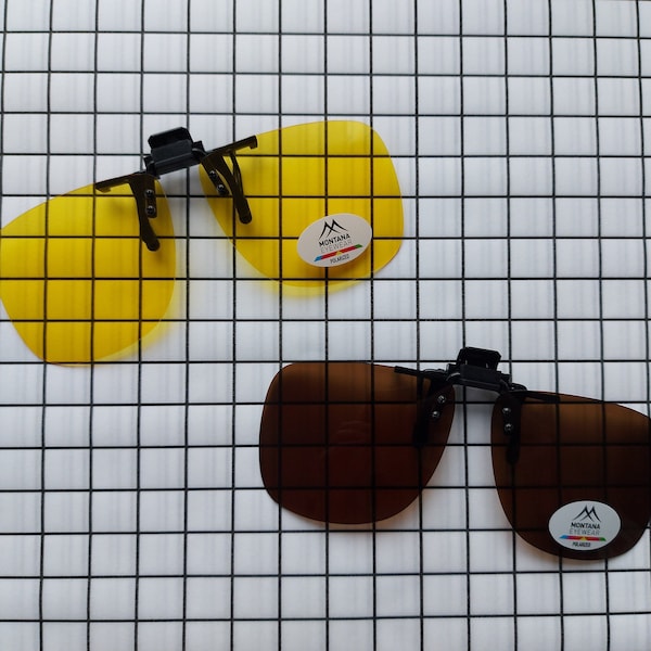 Polarized Clip On, traditional pendant with polarized yellow or brown lenses. Foldable front hanger, Montana clip, polarized yellow