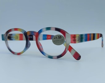 New! Round reading glasses, striped, candy cane, brightly colored, reading glasses, eyewear, fashion, style, gafas de lectura, red, yellow, blue