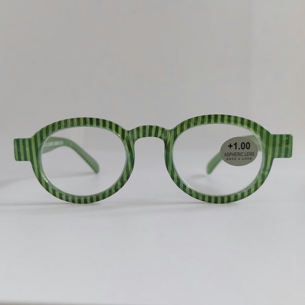New! Round reading glasses, green, cheerful striped, reading glasses, eyewear, fashion, style, gafas de lectura, cucumber, +1 +1.5 +2 +2.5 +3