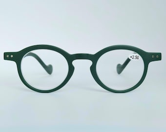 Matt Green Reading Glasses - Matte green round reading glasses. Available in +1 +1.50 +2 +2.50 and +3. Suitable for both men and women.