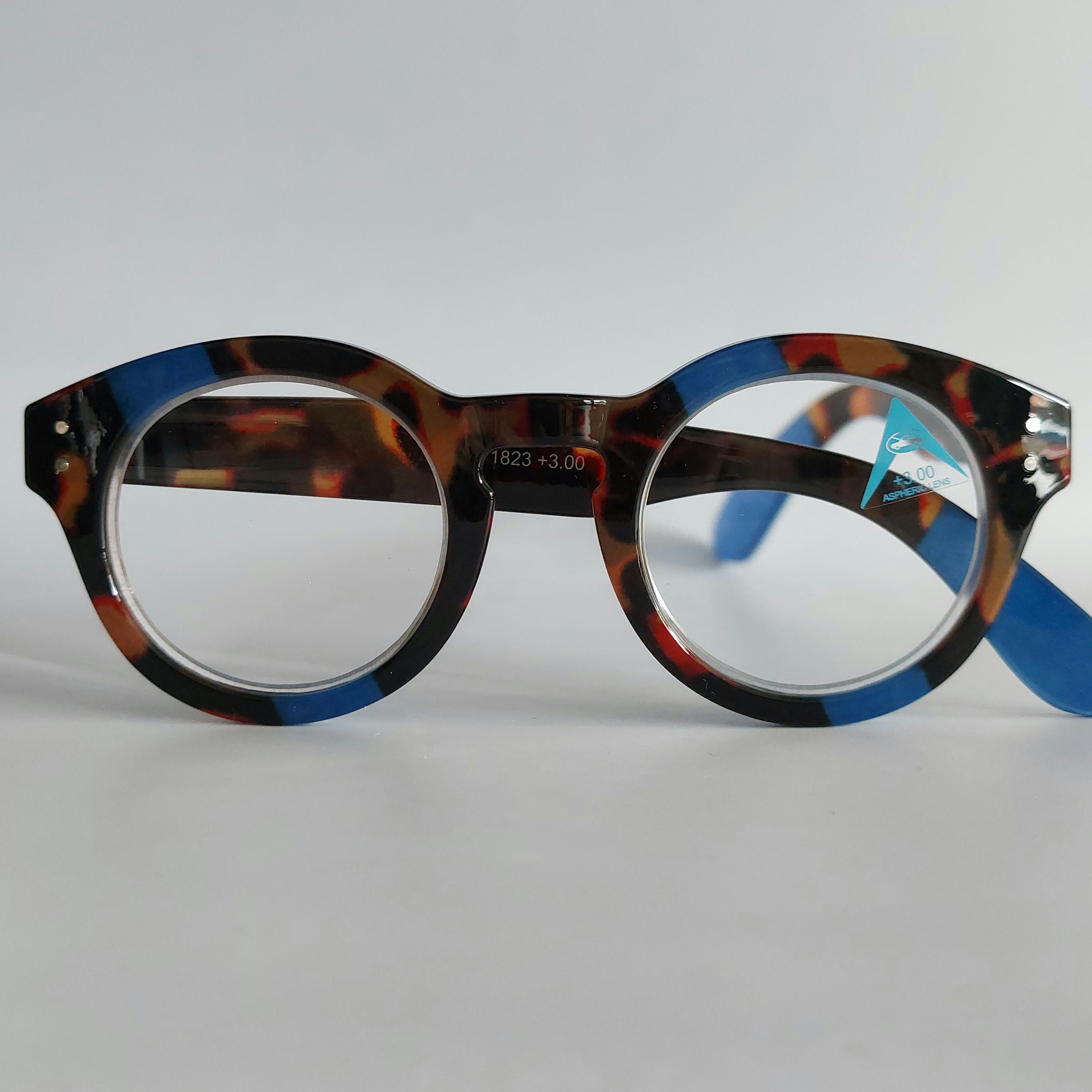 New! Round robust reading glasses, blue/brown Havana. French design. Trendy, fashionable, vintage look. +1 +1.50 +2 +2.50 +3 +3.5