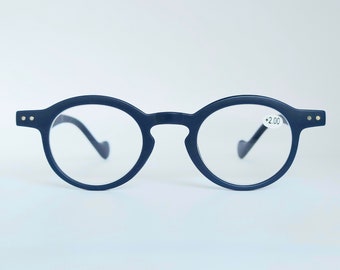 Matt Blue Reading Glasses - round glasses reading glasses. Reading strength possible in +1 +1.50 +2 +2.50 +3 +3.50. Ladies and men's glasses