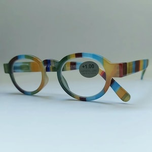Neu! Runde Lesebrille, gestreift, blau, gelb, rot, grün, Herbstfarben, Lesebrille, Herbst, Lesebrille, Brille, Geschenkidee