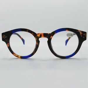 New! Round robust reading glasses, blue/brown Havana. French design. Trendy, fashionable, vintage look. +1 +1.50 +2 +2.50 +3 +3.5