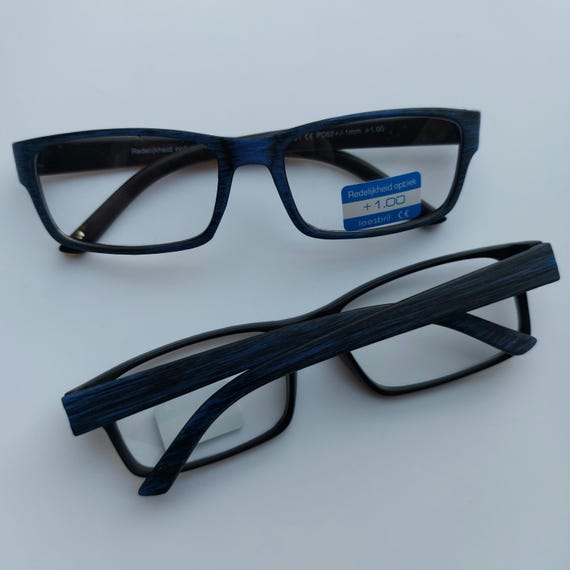 New! +1.00 Blue Reading Glasses, Wood Look, Blue Glasses  display picture 1