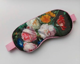 Sleep mask, blackout sleep eye mask, adjustable headband, flower still life, painting, Jan Davidsz. De Heem, brilliantly colored flowers