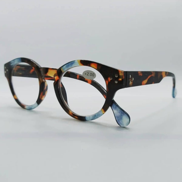 Nouveau! Lunettes de lecture rondes et robustes, écaille bleu clair/marron. Belle qualité +1 +1,50 +2 +2,50 +3 +3,50 Design français, tendance, moderne, stylé