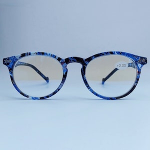 Blue reading glasses with/without prescription with blue light filter. Provides protection against blue light from (computer) screens