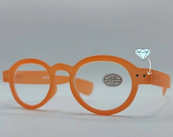 New! Orange reading glasses with subtle rhinestones on the corner pieces. Rubber texture, exquisite quality, +1 +1.5 +2 +2.5 +3 +3.5