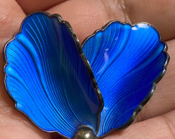 Vintage Hans myhre blue guilloche enamel leaf brooch