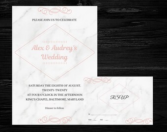 Modern Marble, Minimalistic Wedding Invitation and RSVP Card Printable, Rose Gold, Editable