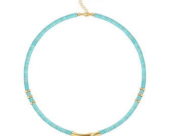 18K Gold Plated Bamboo Pendant Bohemian Turquoise Beaded Choker Necklace,Vintage Handmade Blue Clay Beads Necklace For Women.SS-WYJ1247