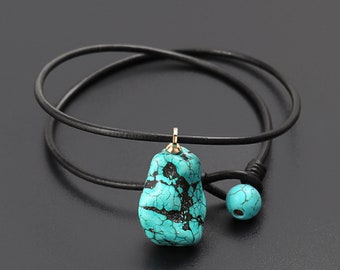 Natural Turquoise Pendant Necklace Genuine Leather Cord Boho Stone Choker Necklace Handmade Gift Jewelry for Men Women SS-WYJ1308