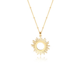 18k Gold Plated Flat High Polish Sun Hoop Pendant,Beads Station Necklace Flake Gold Sunshine Pendant,Satellite Chain Necklace.SS-WYJ1231