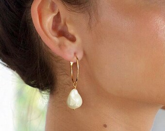 Chubby Baroque Pearl Drop Dangle Earrings, 18k Gold Big Hoop Earrings with Charm, Statement Lightweight Earrings for Women.SS-ER424