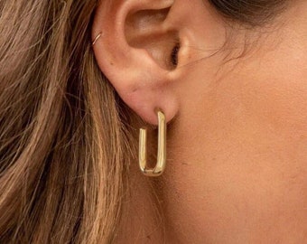 18K Gold Oval Huggie Hoop Earrings,Lightweight Square Chunky Stud Earrings,Geometric Rectangle Drop Dangling Earrings for women.SS-ER417