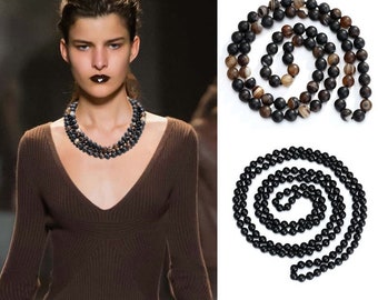Black Series Halloween Necklace Jewelry.SS-WYJ950 Stainless Steel Skull And 8mm Black Agate Hand-Knotted Necklace Agate Necklace