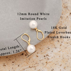 12MM White Round Shell Pearl Drop Dangle Earring for Women 18K Gold Plated French Hooks Leverback Earring Bridesmaids Jewelry,SS-ER464 afbeelding 3