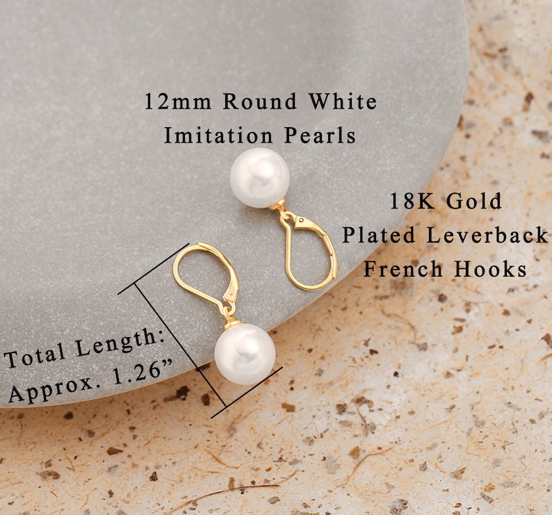 12MM White Round Shell Pearl Drop Dangle Earring for Women 18K Gold Plated French Hooks Leverback Earring Bridesmaids Jewelry,SS-ER464 image 3