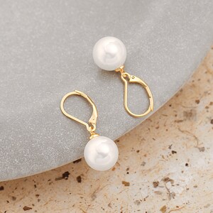 12MM White Round Shell Pearl Drop Dangle Earring for Women 18K Gold Plated French Hooks Leverback Earring Bridesmaids Jewelry,SS-ER464 image 5