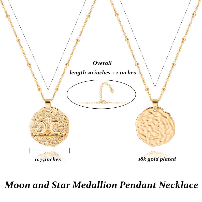18K Gold Moon and Star Pendant Necklace,Gold Coin Necklace for Women,Gold Beaded Satellite Chain Necklace,Disc Medallion Necklace,SS-WYJ1214 image 2