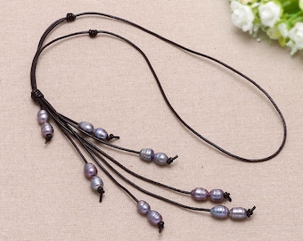 Leather Pearl Necklace,Rice-Shaped Tassel Necklace,Adjustable Necklace,Beaded Necklace. Spiral Pearls,Bohemian Style,Three Colors.SS-WYJ011