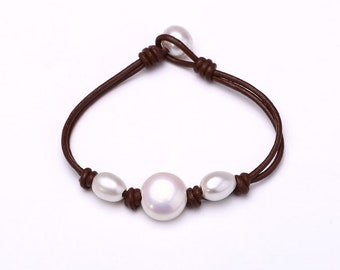 Five White Freshwater Pearls and Genuine Leather Bracelet - Etsy