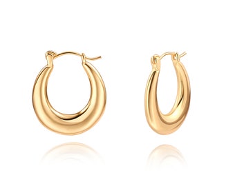 18K Gold Plated Oval Huggie Hoop Earrings, Gold Classic Hoop Earrings, Chunky Small Hoop Earrings, Huggie Earrings for Women, SS-ER400