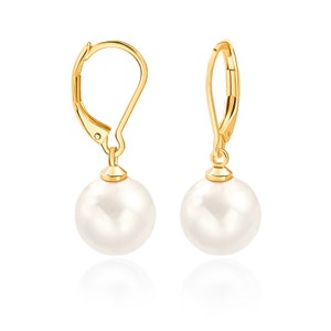 12MM White Round Shell Pearl Drop Dangle Earring for Women 18K Gold Plated French Hooks Leverback Earring Bridesmaids Jewelry,SS-ER464 image 1