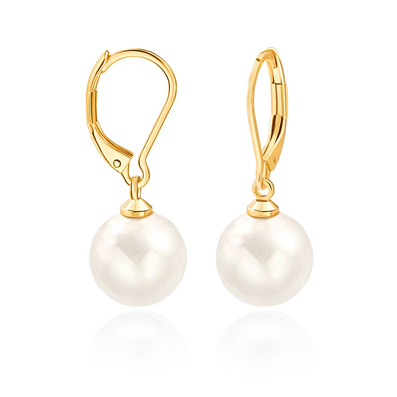 12MM White Round Shell Pearl Drop Dangle Earring for Women 18K Gold Plated French Hooks Leverback Earring Bridesmaids Jewelry,SS-ER464 image 1