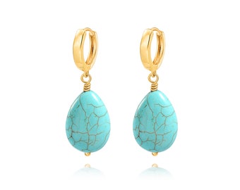 Boho Turquoise Teardrop Dangle Earrings, 18k Gold Huggie Hoop Earrings with Charms, Trendy Turquoise Jewelry for Women SS-HJ091