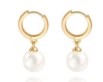 Small Gold Huggie Hoop Earrings, Shell Pearl Drop Dangle Post Earrings, Hanging Lightweight Handmade Jewelry for women.SS-ER444
