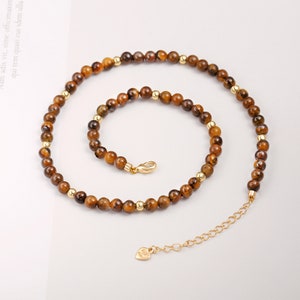 Tiger Eye Bead Necklace,4mm Round Tiger Eye Choker,Healing Crystal Necklace for Women,Tiger Eye Lucky Gemstone Necklace,18k Gold,SS-WYJ1195 image 3