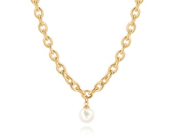 Einzelperle Halskette für Frauen, Handverlesener weißer Perle Anhänger, 18K Gold Kabelkette Choker Necklace.SS-WYJ1263