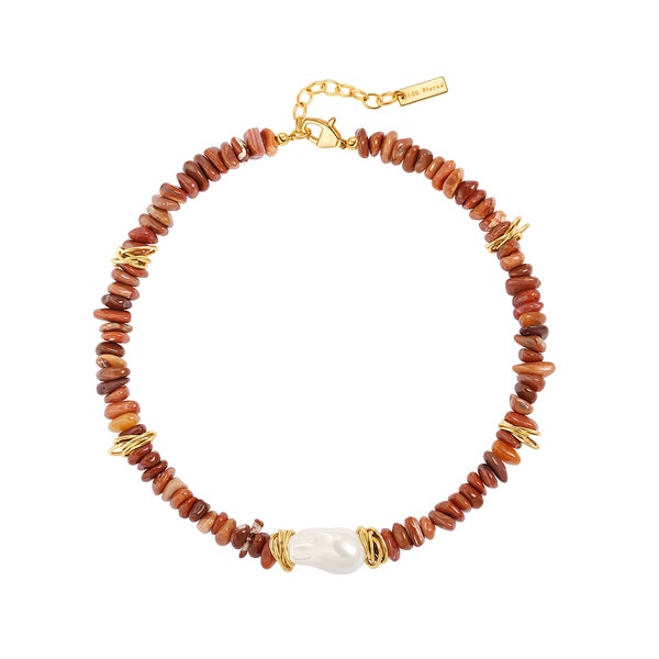 Chunky Statement Red Agate Necklace, Big Baroque Pearl Gold Choker, Trendy Boho Beaded Stone Jewelry  SS-WYJ1320
