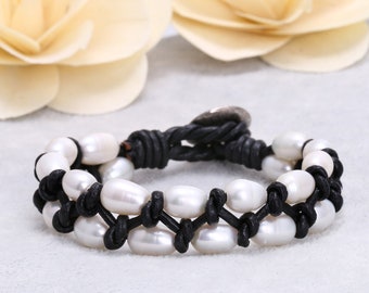 Freshwater Pearl Bracelet, Leather Rope Pearl Bracelet, Real Pearl, Handmade Bracelet, Wedding, Bohemian, Gift For Her.SS-HL051
