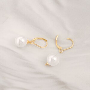 12MM White Round Shell Pearl Drop Dangle Earring for Women 18K Gold Plated French Hooks Leverback Earring Bridesmaids Jewelry,SS-ER464 image 6