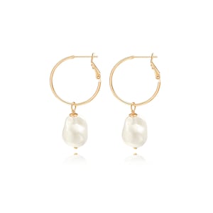 Chubby Baroque Pearl Drop Dangle Earrings, 18k Gold Big Hoop Earrings with Charm, Statement Lightweight Earrings for Women.SS-ER424 image 1