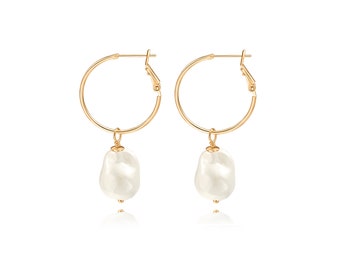 Chubby Baroque Pearl Drop Dangle Earrings, 18k Gold Big Hoop Earrings with Charm, Statement Lightweight Earrings for Women.SS-ER424
